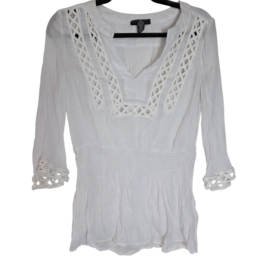 Alfani Petite 8P White Crochet Cutout V Neck 3/4 Sleeve Boho Blouse - Picture 1 of 6